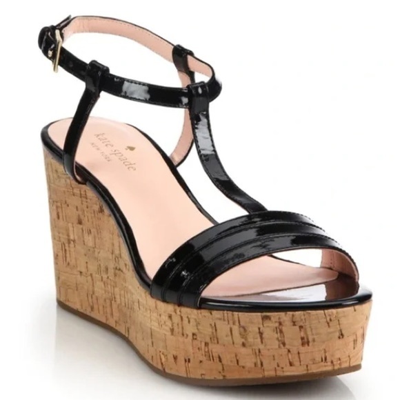 kate spade Shoes - Kate Spade Tallin Black Patent Leather T-Strap Cork Platform Wedge Sandal EUC 10